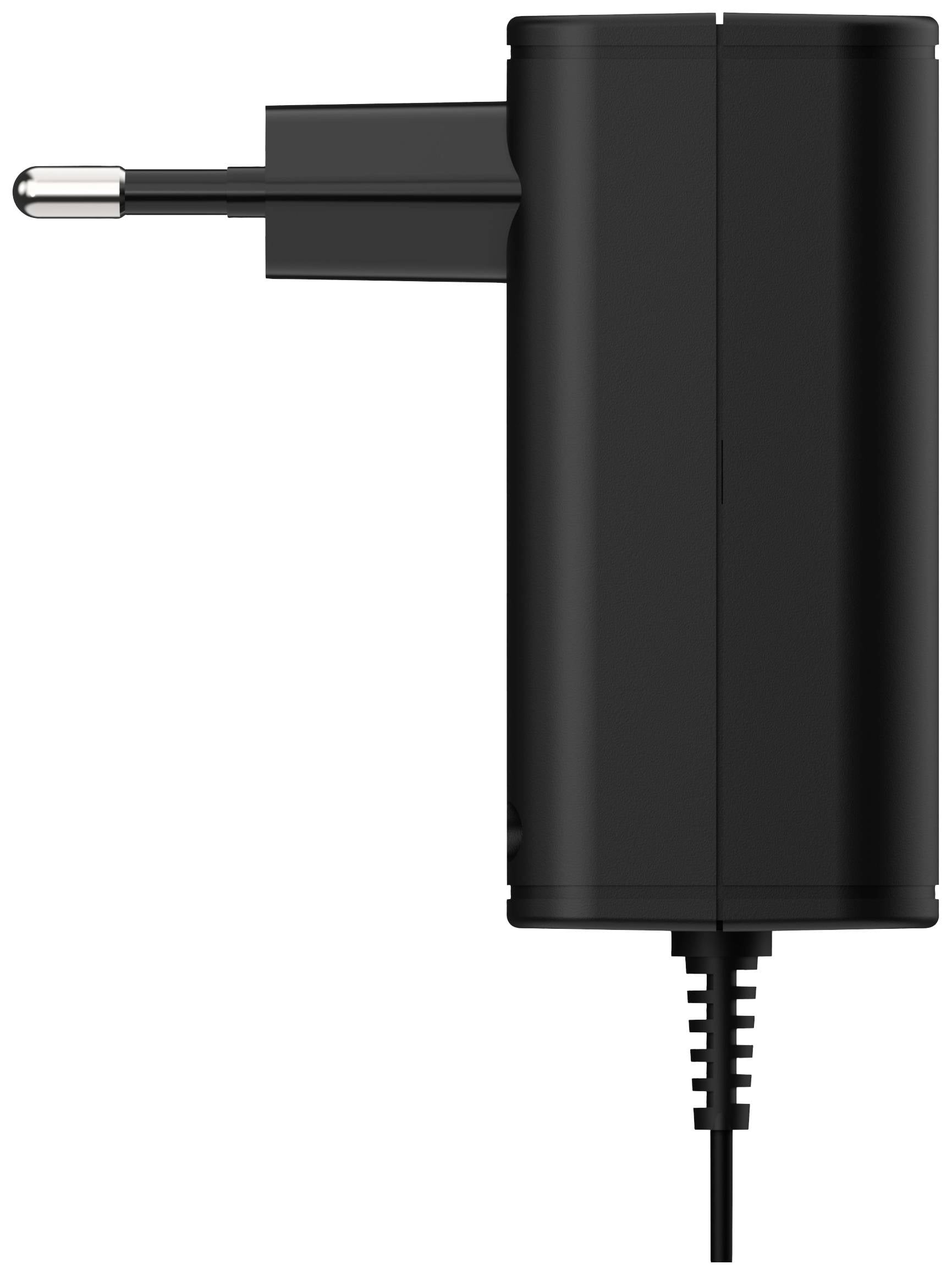 Czarny zasilacz sieciowy z wtyczką europejską i podłączonym przewodem, widok z boku.
