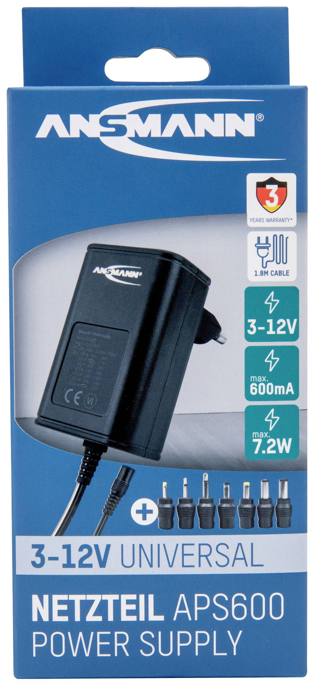 'Zasilacz APS600 Universal' na opakowaniu. Zakres napięcia 3-12V, Maks. 600mA, 7,2W. Zawiera sześć różnych wtyków adaptera.