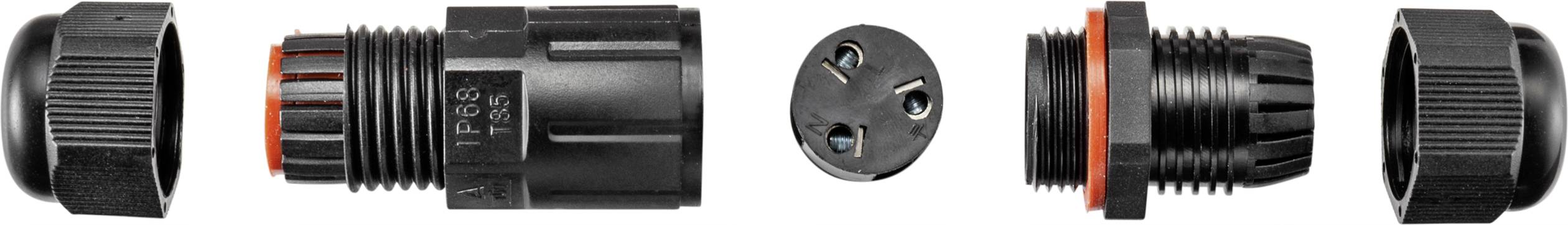 Kilka czarnych cylindrycznych komponentów złączowych z żebrowaną powierzchnią i czerwonymi uszczelkami ułożonych w rzędzie.