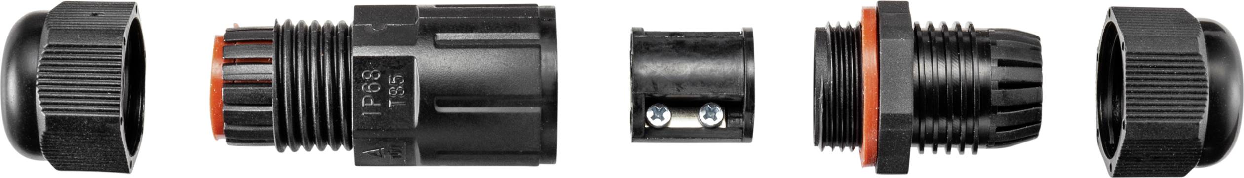 Elektryczny złącz wtykowy wykonany z czarnego tworzywa sztucznego, składający się z wielu elementów, służący do łączenia i zabezpieczania przewodów.