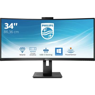 Szeroki monitor Philips o przekątnej 34 cali (86,36 cm), z rozdzielczością WQHD, zakrzywionym ekranem, dokingiem USB-C oraz funkcją PowerSensor.