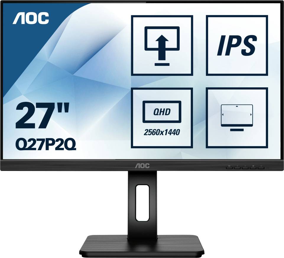 Monitor AOC o 27-calowej przekątnej ekranu, rozdzielczości QHD 2560x1440 oraz panelu IPS, przedstawiony na stylizowanym tle.