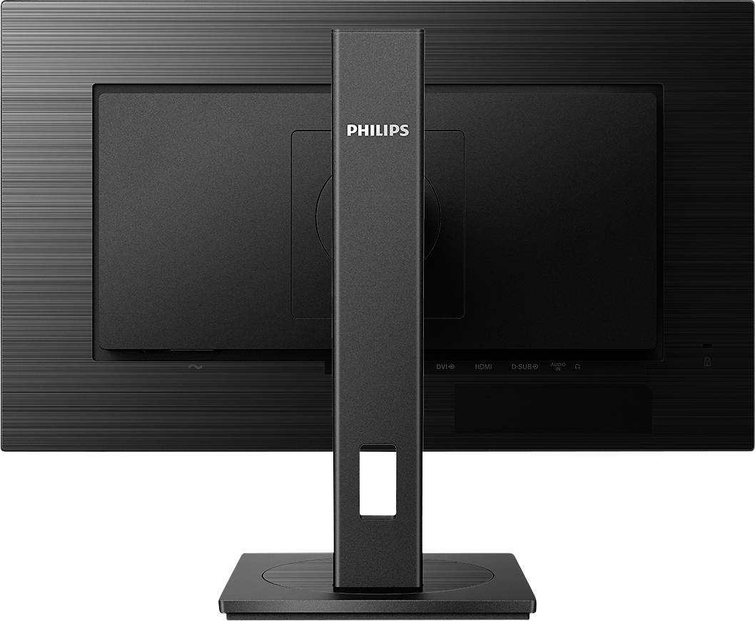 Czarny monitor Philips, widok od tyłu. Prostokątna podstawa podtrzymuje ekran; logo firmy 'PHILIPS' znajduje się u góry podstawy.
