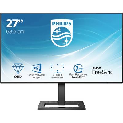 Monitor 27-calowy (68,6 cm), o rozdzielczości QHD, z bezkrawędziową ramką (ramka o szerokości 4 mm), czasie reakcji 1 ms. Nazwa marki i typ wyświetlane na ekranie.