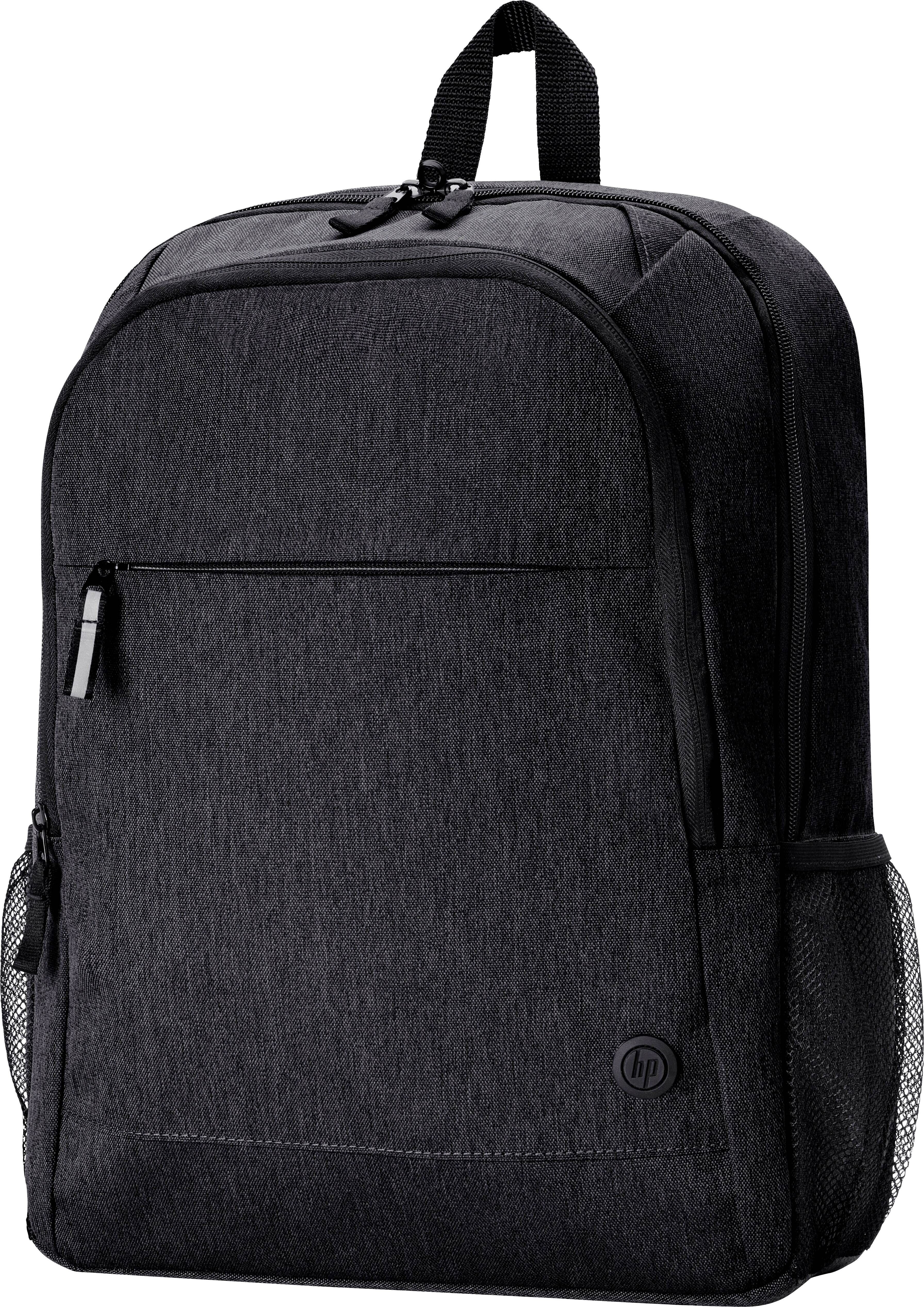 Czarny plecak z wieloma komorami i siatkowymi kieszeniami bocznymi, odpowiedni do codziennego użytku lub przenoszenia laptopa.