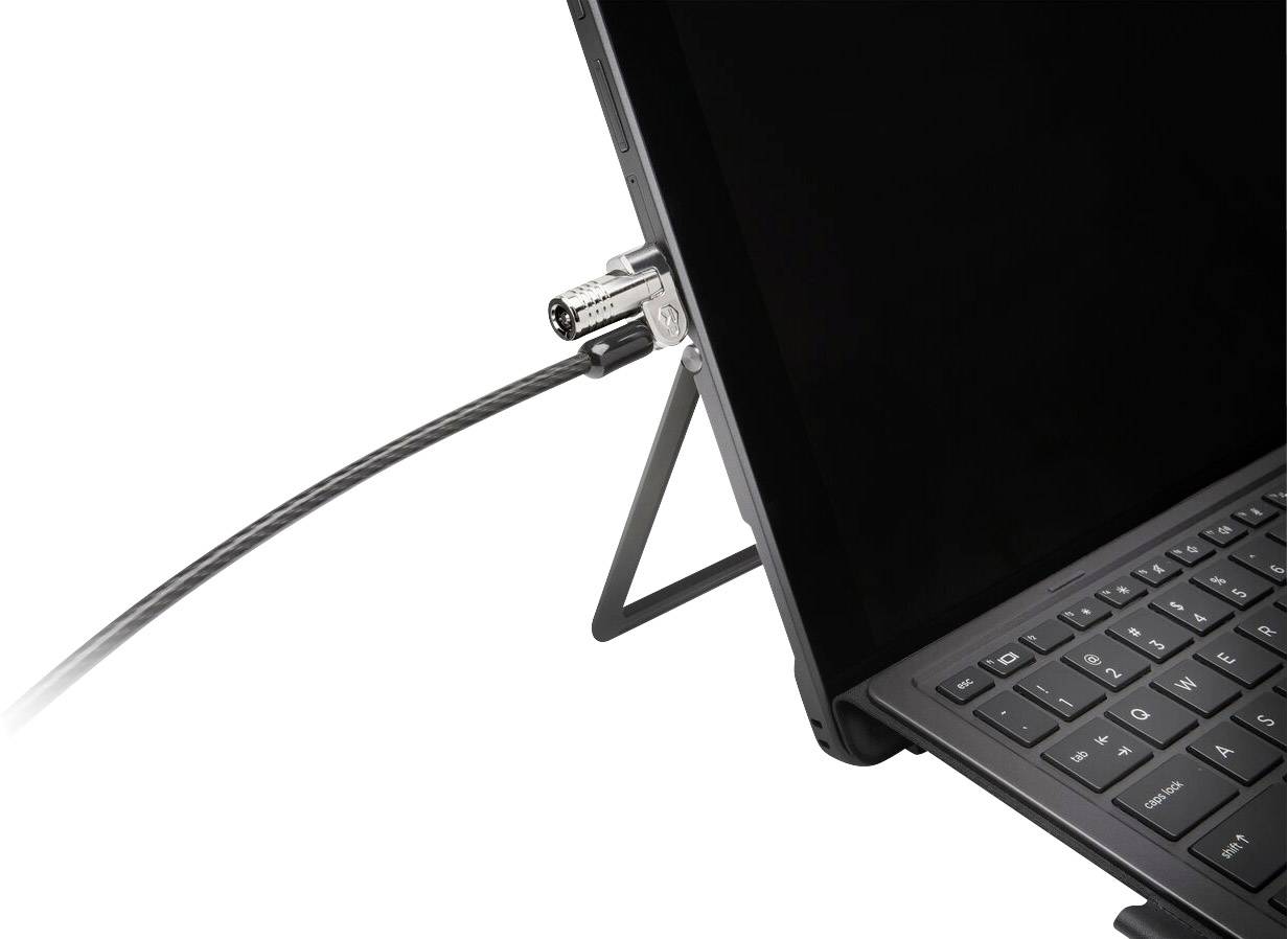 Tablet z podłączonym zamkiem zabezpieczającym na kablu stoi rozłożony na stojaku.