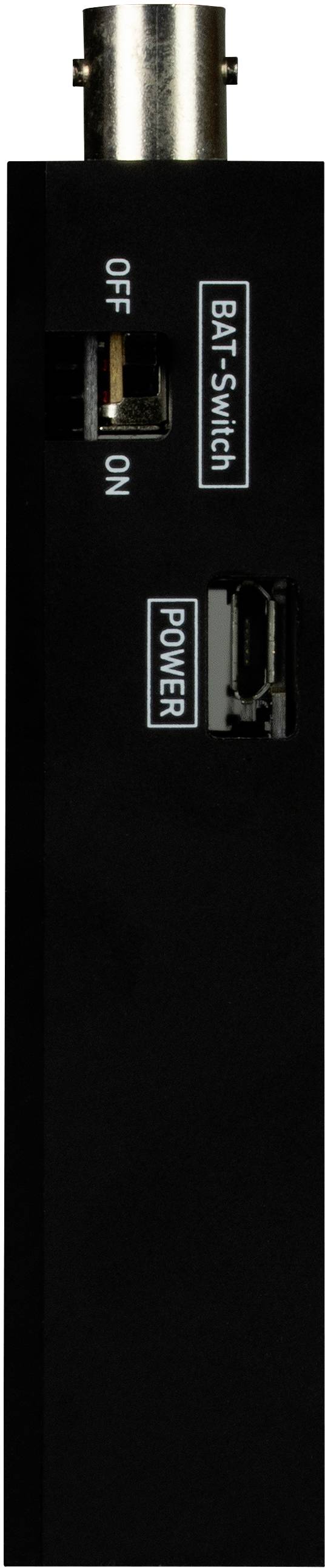 Czarne urządzenie z wtykiem BNC na górze, przełącznikiem oznaczonym jako 'OFF' i 'ON' oraz wejściem 'POWER' po prawej stronie.