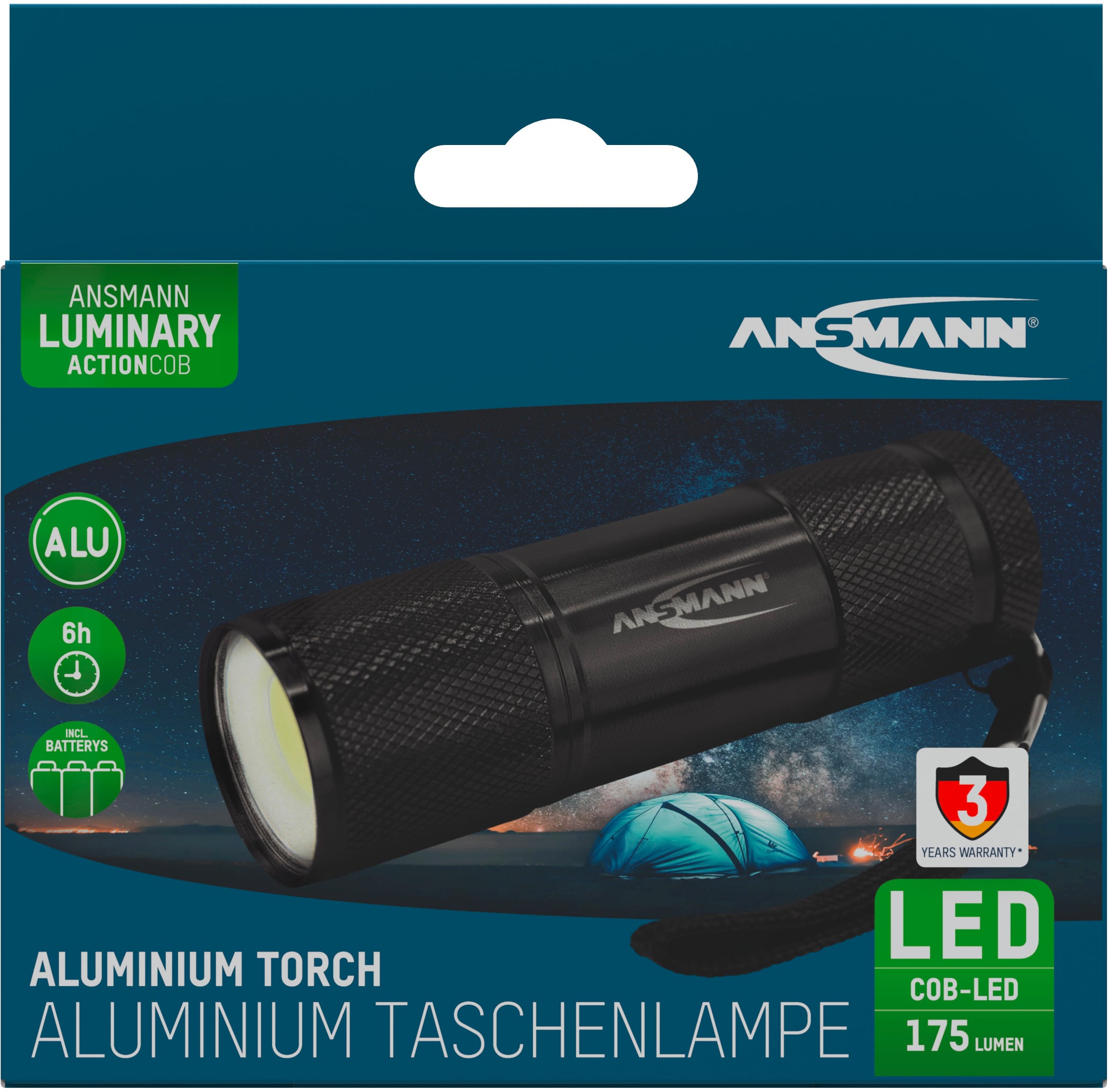 'Aluminiowa latarka, 175 lumenów, czas pracy 6 godzin, z klipsem. Idealna do camping'u lub aktywności na świeżym powietrzu. 3 lata gwarancji.'