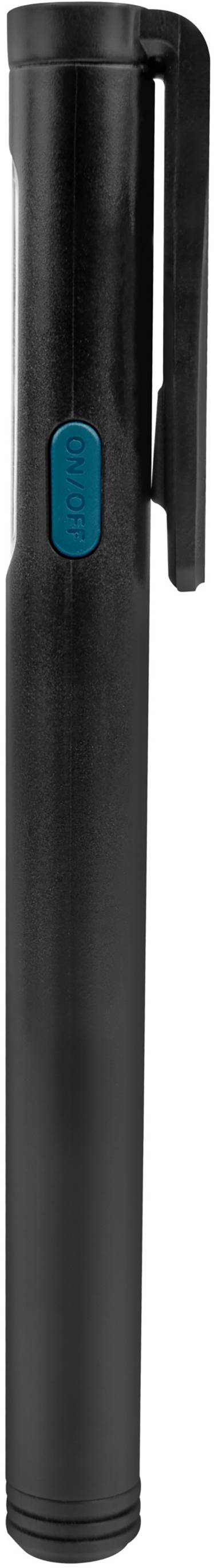 Czarny długopis o kształcie cylindrycznym, z niebieskim przyciskiem pośrodku i klipsem do przypięcia.