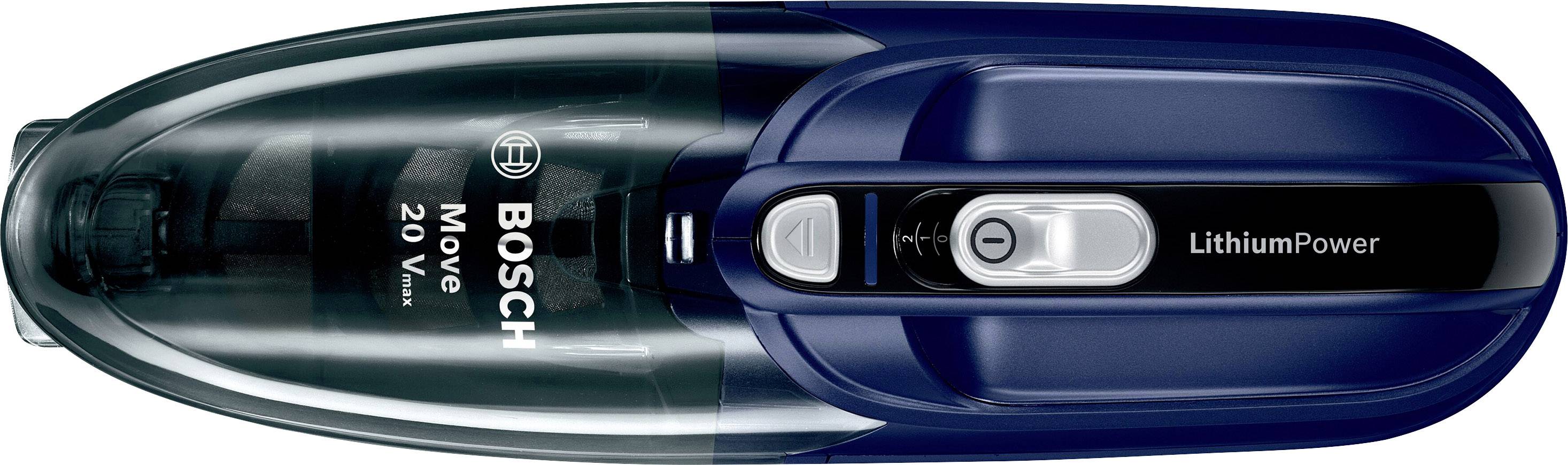 Bezworkowy ręczny odkurzacz Bosch, model 'Move 20V', z technologią Lithium-Power, w kolorze niebiesko-czarnym. Widok z góry na urządzenie.