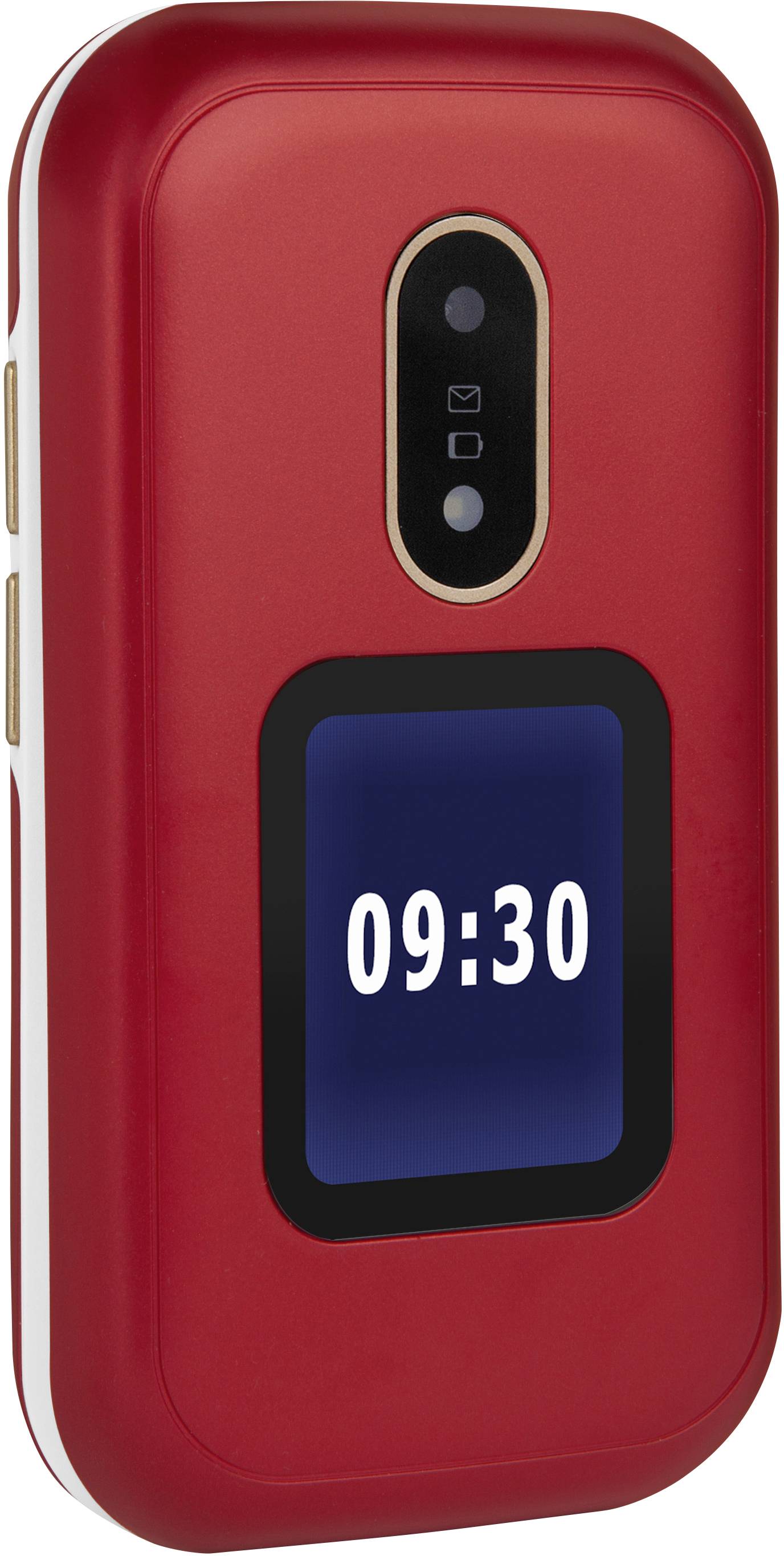 Czerwony telefon komórkowy z klapką, posiadający zewnętrzny wyświetlacz pokazujący godzinę '09:30'.