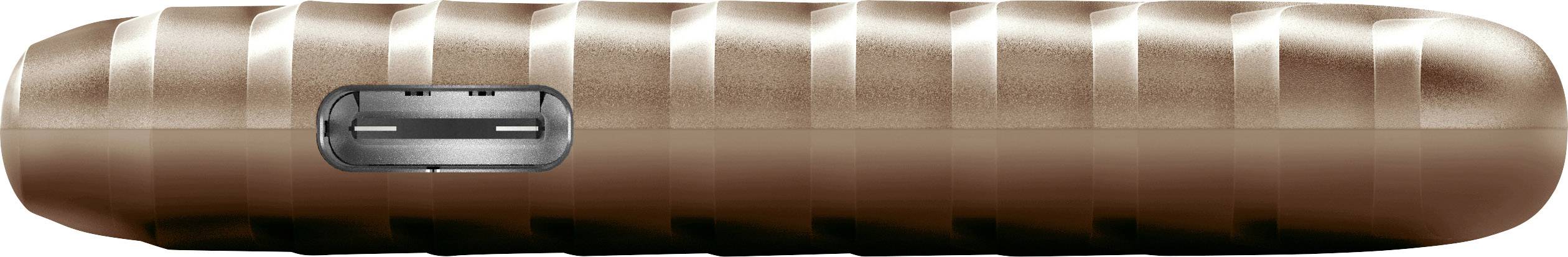 Miedzianokolarowy, przenośny powerbank o fakturowanej strukturze, z widocznym złączem USB-C na przedniej powierzchni.