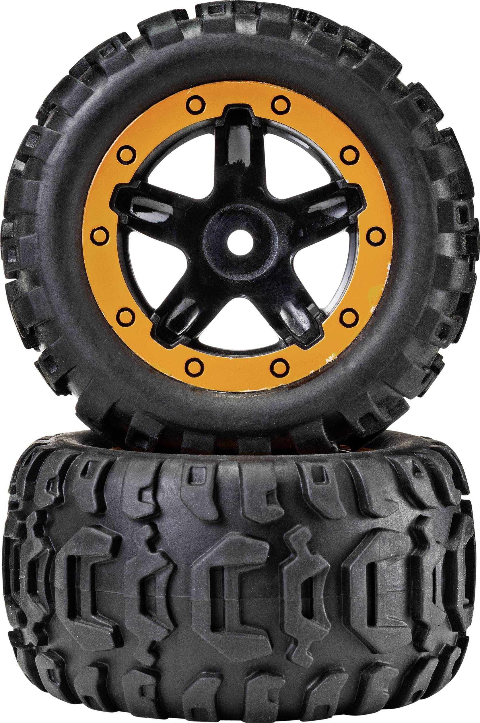 Dwa duże czarne opony terenowe z pomarańczowymi felgami, ułożone jedna na drugiej.