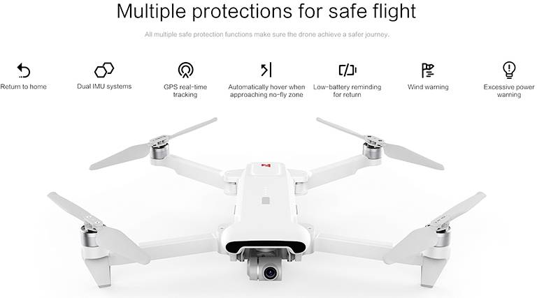 Dron z wieloma funkcjami bezpieczeństwa: powrót do domu, śledzenie GPS w czasie rzeczywistym, ostrzeżenie o wietrze, automatyczny powrót przy niskim poziomie baterii.