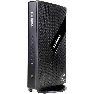 Czarny router bezprzewodowy Edimax o pionowej konstrukcji. Po lewej stronie widoczne są różne diody LED sygnalizujące połączenia. Na przedniej części obudowy znajduje się logo Edimax.