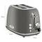 Toster ze stali nierdzewnej, szary, z dwoma otworami na pieczywo, dźwignią i przyciskami sterującymi. Wymiary: 180 mm wysokości, 300 mm głębokości, 192 mm szerokości.