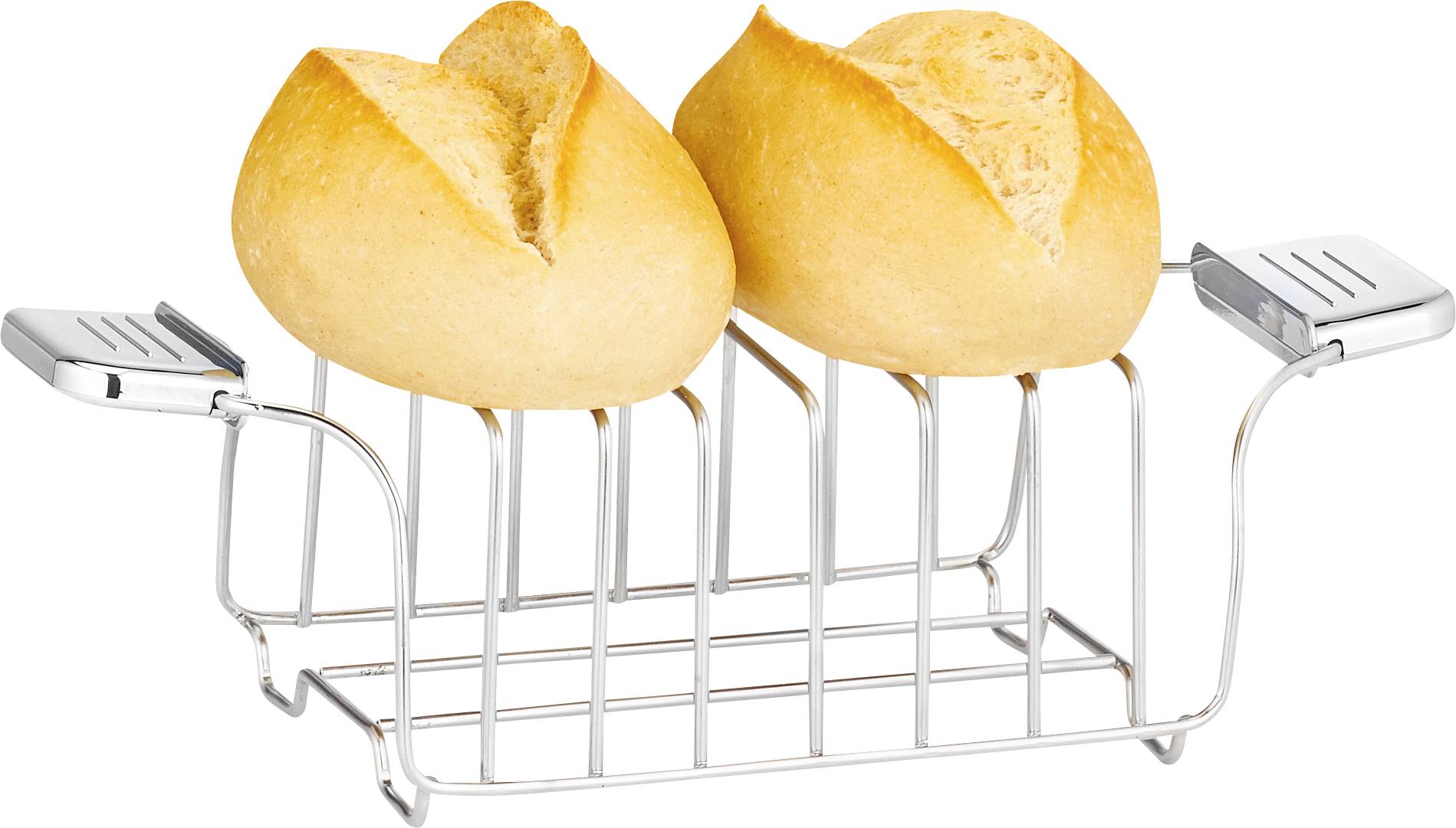 Dwie świeże bułeczki w srebrnym koszyku na pieczywo.