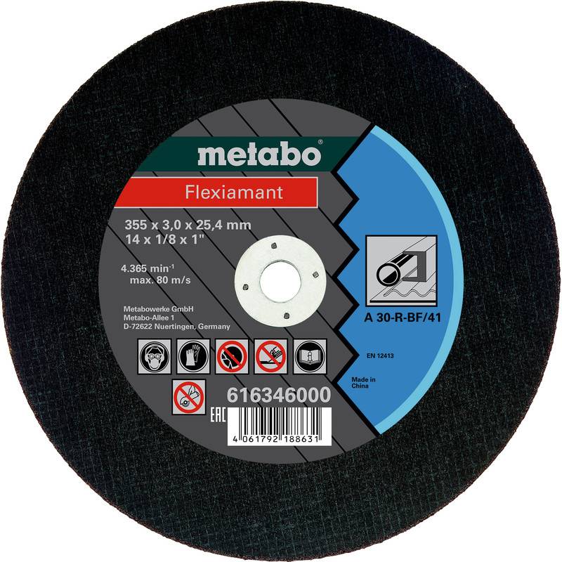 Etykieta tarczy tnącej Metabo Flexiamant pokazująca rozmiar 355 x 3,0 x 25,4 mm, model A 30-R-BF/41, z ikonami bezpieczeństwa i kodem kreskowym.