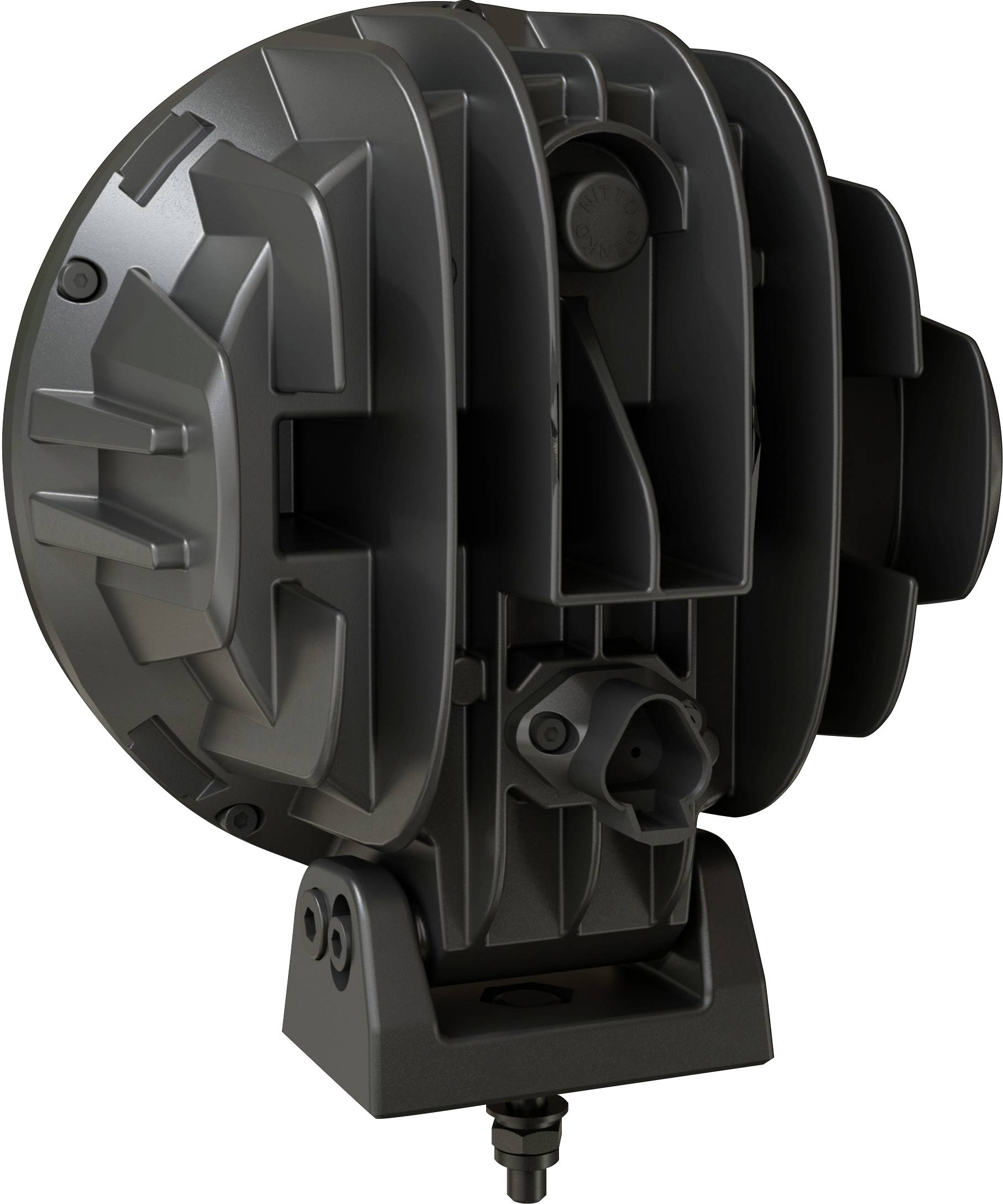 Czarne, kuliste urządzenie z kompleksowymi, strukturalnymi detalami, zamontowane na podstawce.