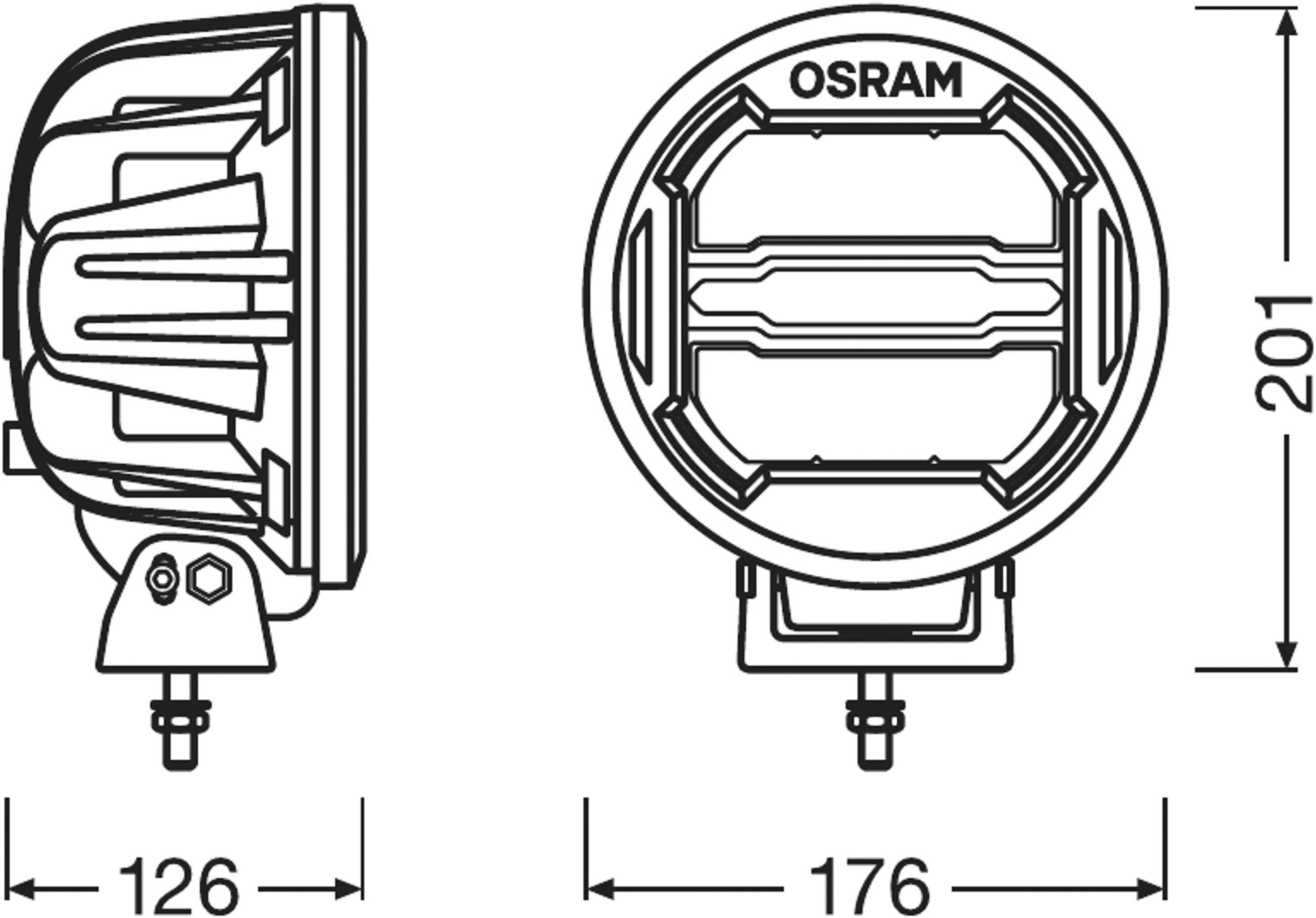 Rysunek techniczny okrągłego reflektora z wymiarami: 126 mm głębokości, 176 mm szerokości, 201 mm wysokości; marka OSRAM.
