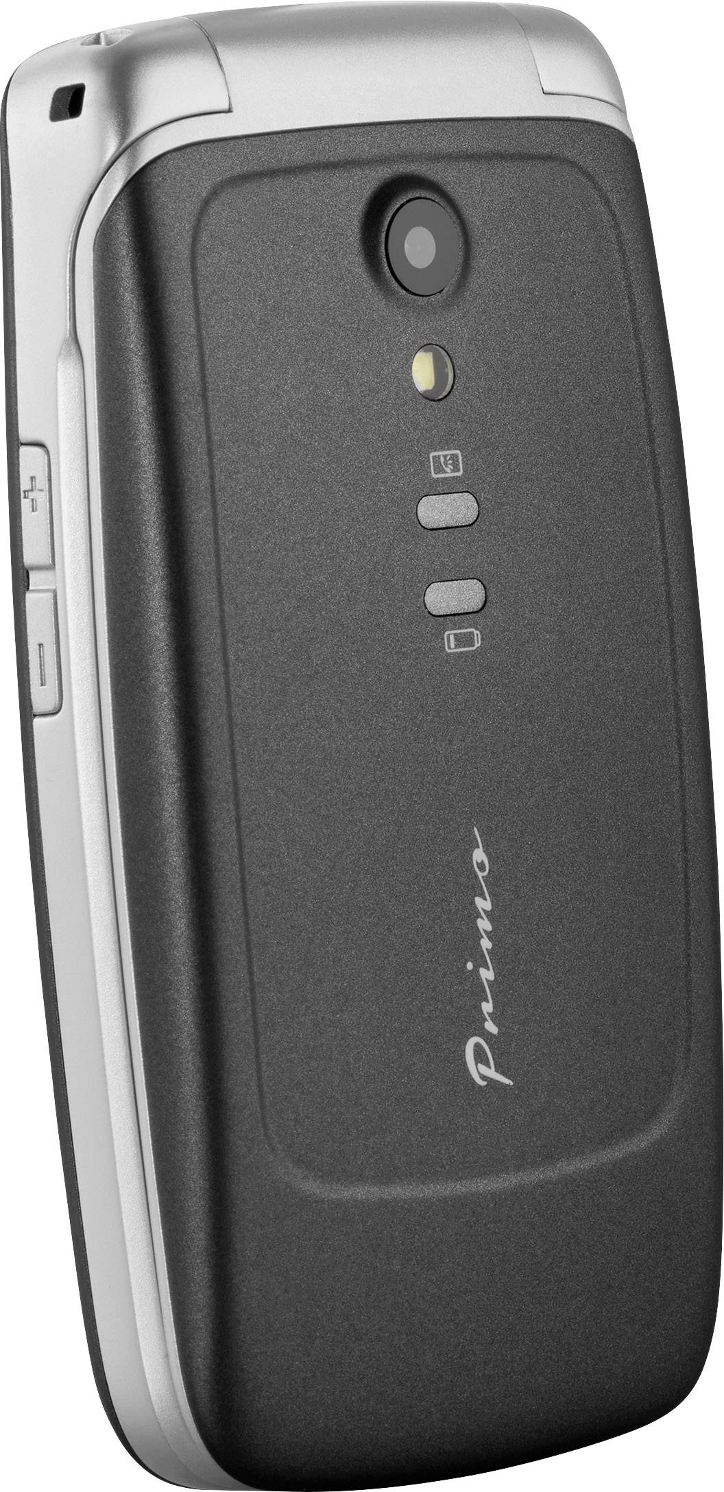 Czarny składany telefon komórkowy z aparatem i logo 'Primo' na tylnej stronie. Widok z boku ukazuje klawisze i srebrną ramkę.