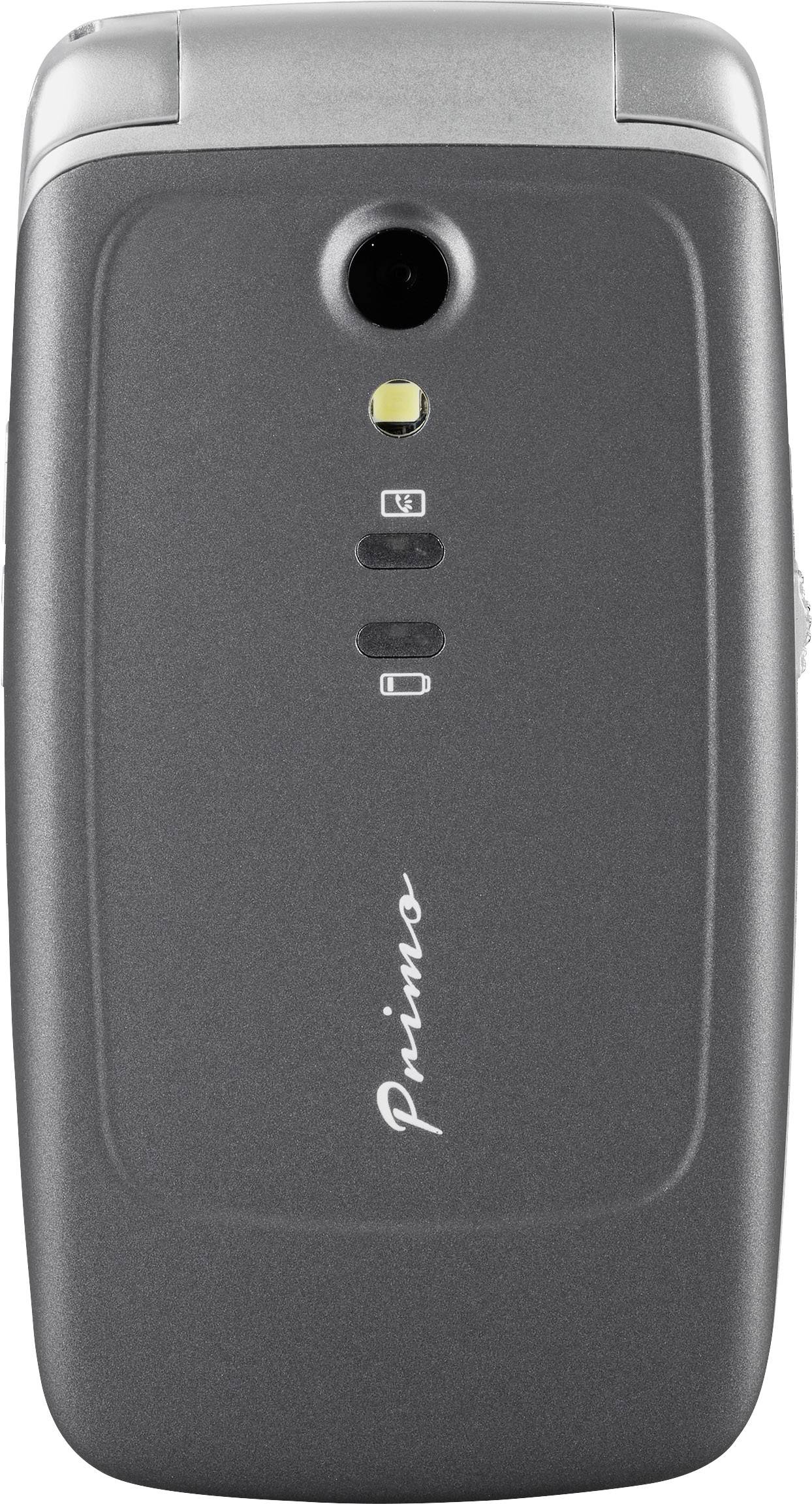 Szary telefon komórkowy z klapką, wyposażony w aparat fotograficzny i lampę błyskową na tylnej części obudowy. Logo 'Primo' jest wydrukowane na środku dolnej krawędzi.