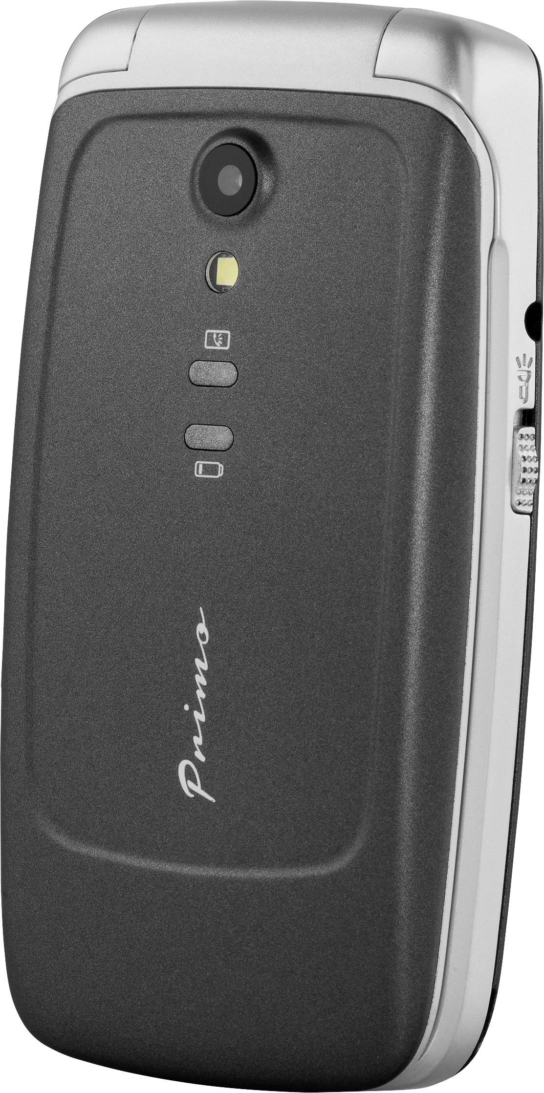 Składany telefon komórkowy z aparatem na tylnej części obudowy. Szara obudowa z srebrną krawędzią i napisem 'Primo'.