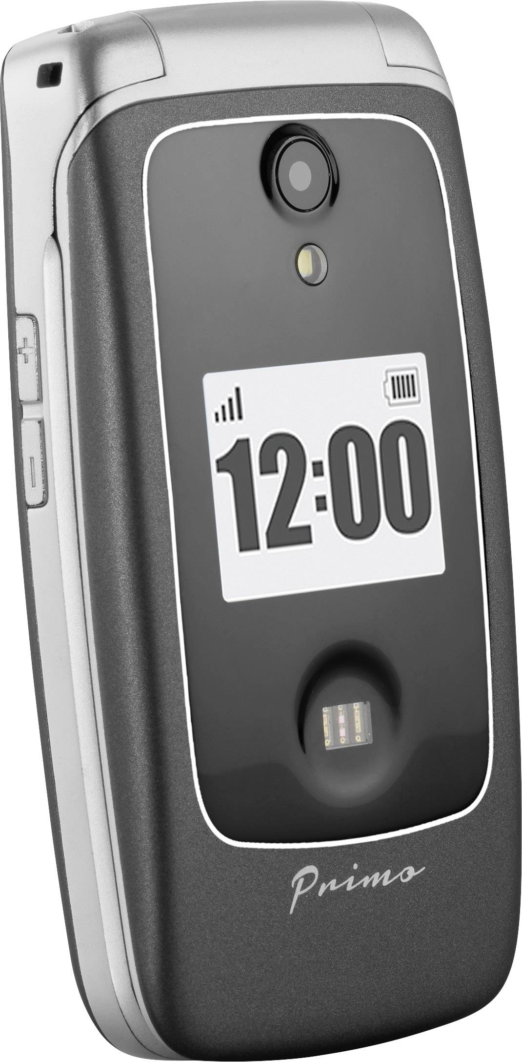 Składany telefon komórkowy z małym wyświetlaczem zewnętrznym pokazuje godzinę '12:00'.