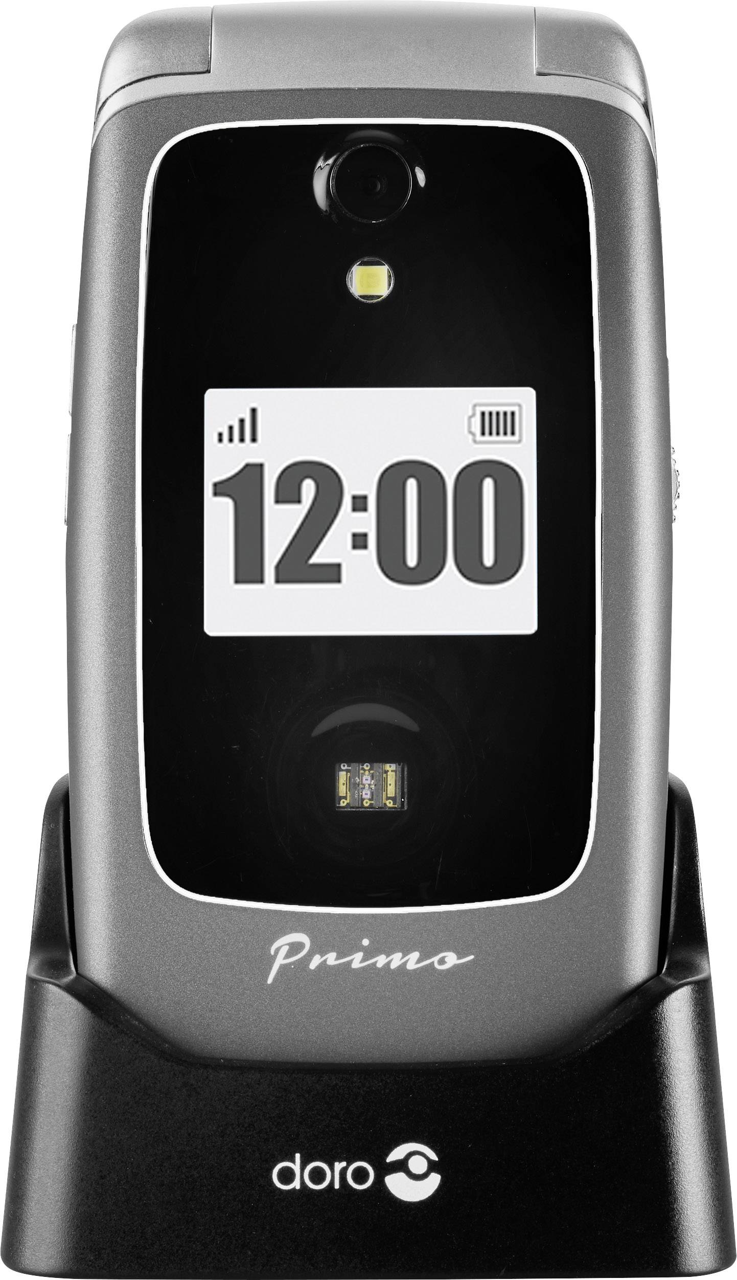 Telefon komórkowy w ładowarce, wyświetlacz pokazuje '12:00' oraz stan baterii.