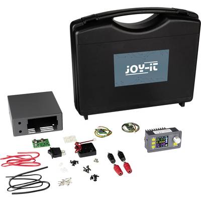 Czarny kuferek z logo 'Joy-IT', zawierający elementy elektroniczne takie jak obudowa, przewody, przełączniki oraz urządzenie wyświetlające cyfrowe.