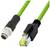 Zielony kabel Ethernet z wtyczką M12 po lewej stronie i wtyczką RJ45 po prawej stronie. Odpowiedni do zastosowań przemysłowych.