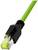 Zielony kabel Ethernet z czarną wtyczką na białym tle.