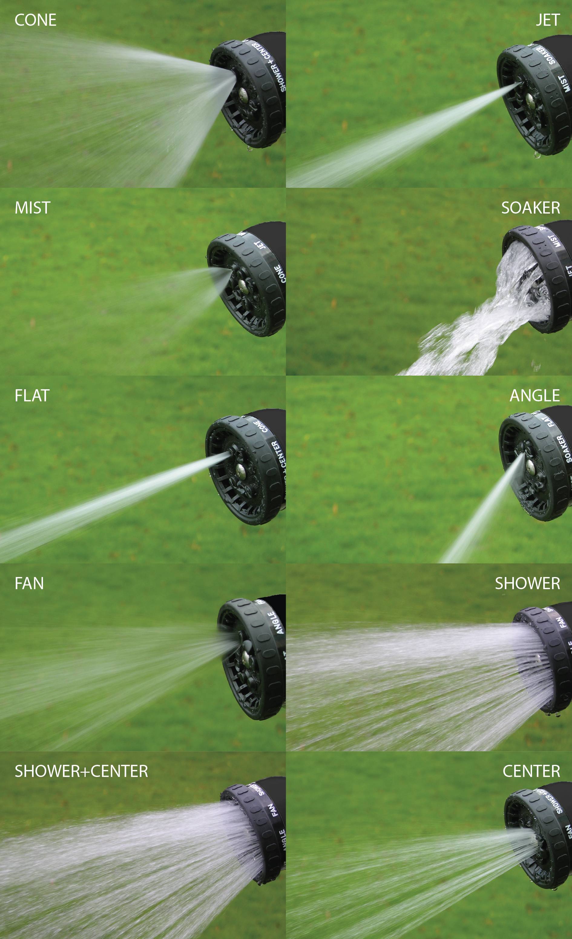 Różne tryby natrysku węża ogrodowego: Stożek, Strumień, Mgła, Zraszacz, Płaski, Kąt, Wachlarz, Prysznic, Prysznic+Centrum, Centrum. Zielone tło.
