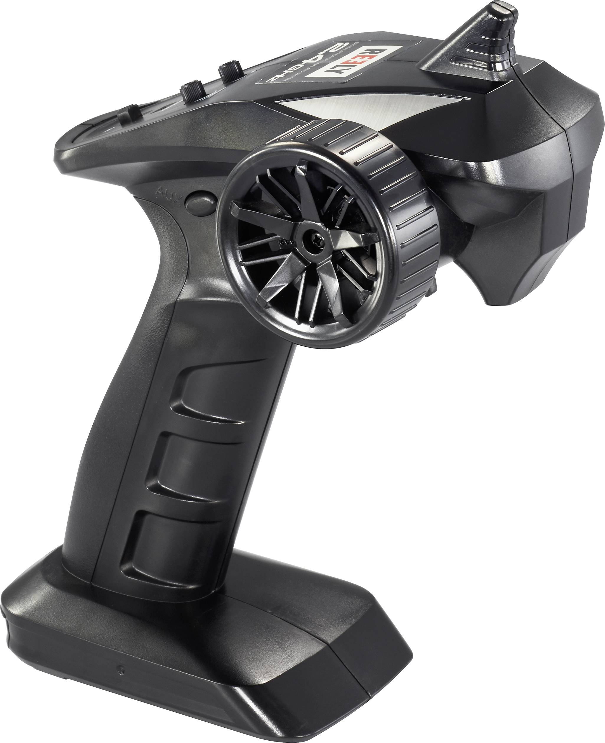 Czarna pilot zdalnego sterowania do pojazdów RC z dużym pokrętłem oraz kilkoma przyciskami na górnej powierzchni.