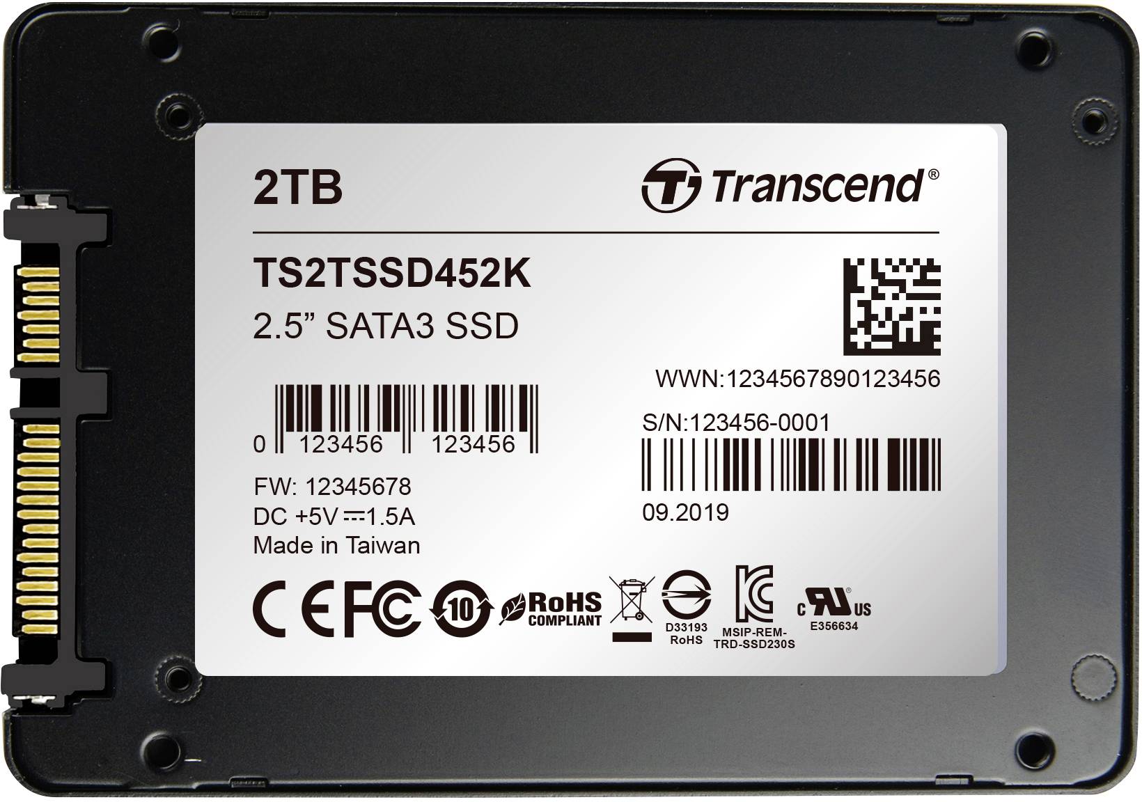 Dysk SSD Transcend 2TB 2.5" SATA3, model TS2TSSD452K. Numer seryjny przedstawiony. Oznaczenie 'Zgodny z RoHS' oraz 'Wyprodukowano na Tajwanie' podane.