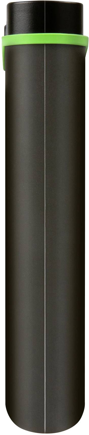 Czarny, cylindryczny obiekt z zieloną krawędzią u góry. Prawdopodobnie pojemnik lub butelka.