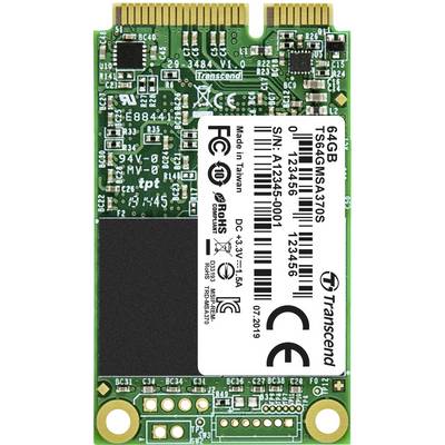 64-gigabajtowy dysk SSD Transcend mSATA o numerze modelu TS64GMSA370S. Płytka drukowana prezentuje komponenty elektroniczne i złącza.