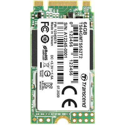 Dysk SSD Transcend o pojemności 64 GB w formacie M.2. Na etykiecie widoczny jest numer seryjny, nazwa modelu oraz specyfikacje techniczne.