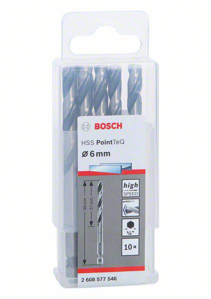 Zestaw wierteł firmy Bosch z napisem 'HSS PointTeQ, Ø 6 mm, high speed'. Zawiera 10 wierteł w przezroczystym pudełku.