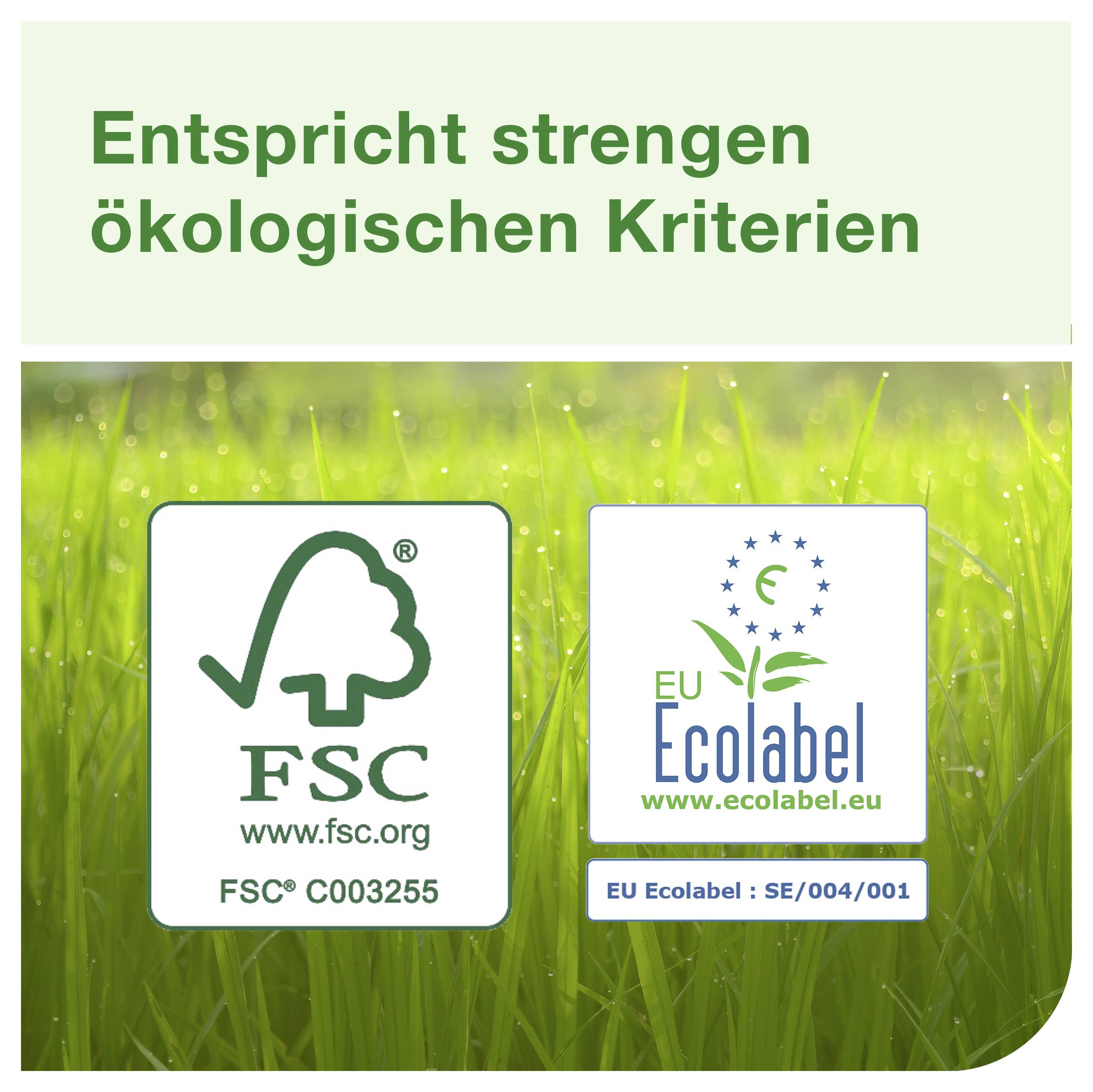 Grafika z logotypami FSC i EU Ecolabel na zielonej trawie; powyżej napisano „Spełnia surowe kryteria ekologiczne".