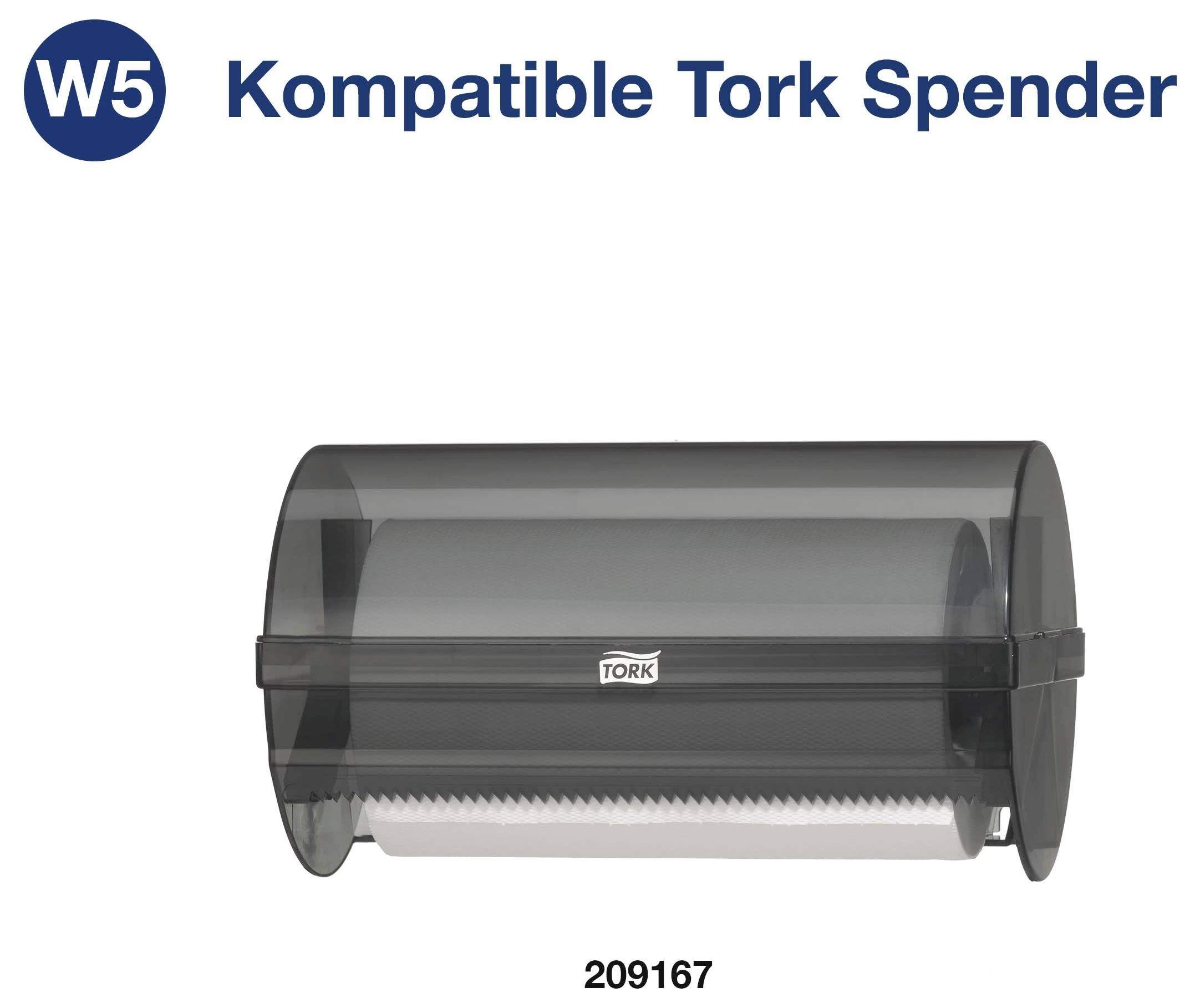 Czarny dozownik W5 firmy Tork do rolek papieru, numer produktu 209167, z przezroczystą osłoną.
