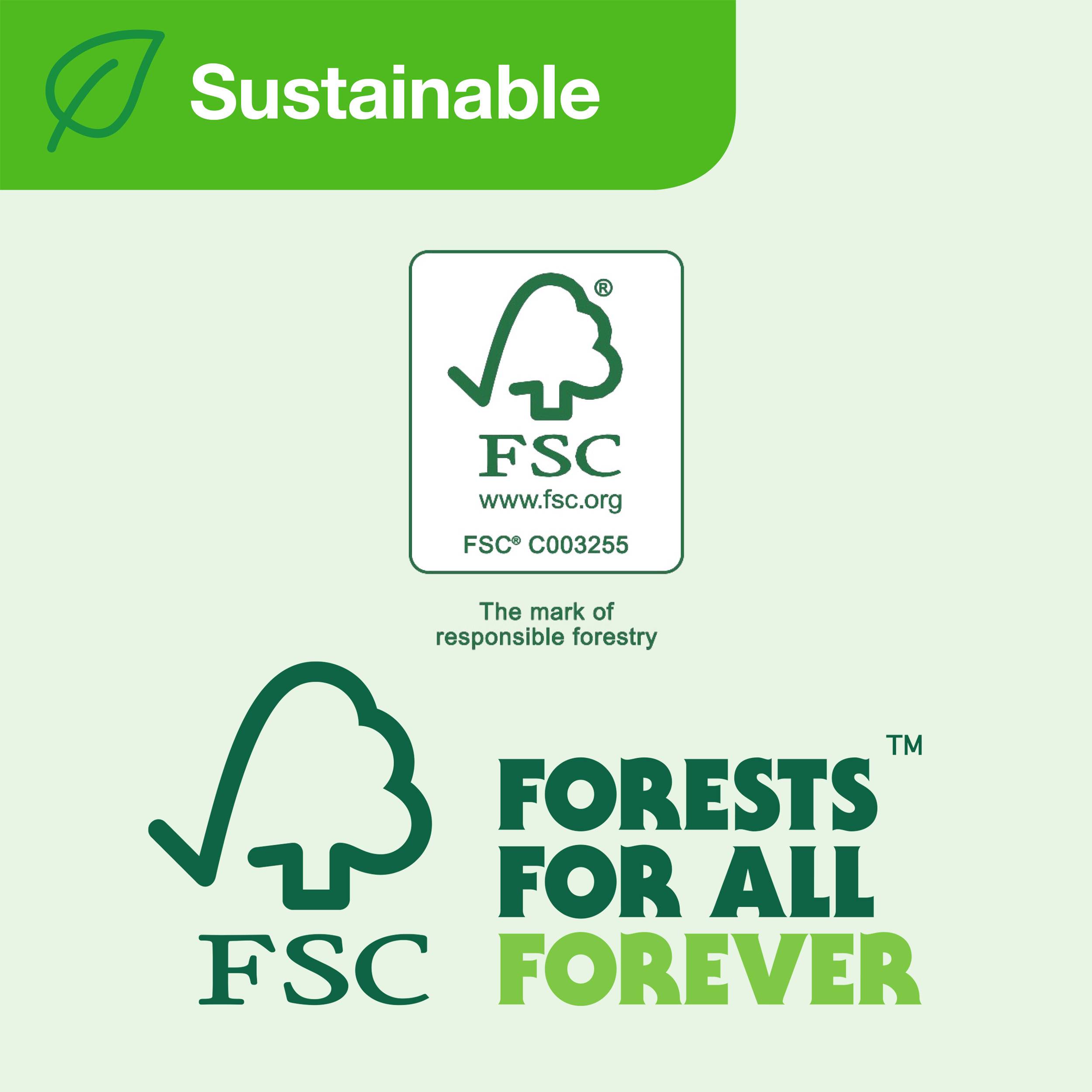 Logo FSC i slogan "Lasy Dla Wszystkich Na Zawsze" na zielonym tle, wskazujący na zrównoważoną gospodarkę leśną, adres strony internetowej fsc.org.