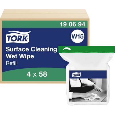 Kartonowe pudełko z napisem 'Tork Surface Cleaning Wet Wipe Refill', obok opakowanie uzupełniające z chusteczkami czyszczącymi, dwie ręce czyszczą stół.