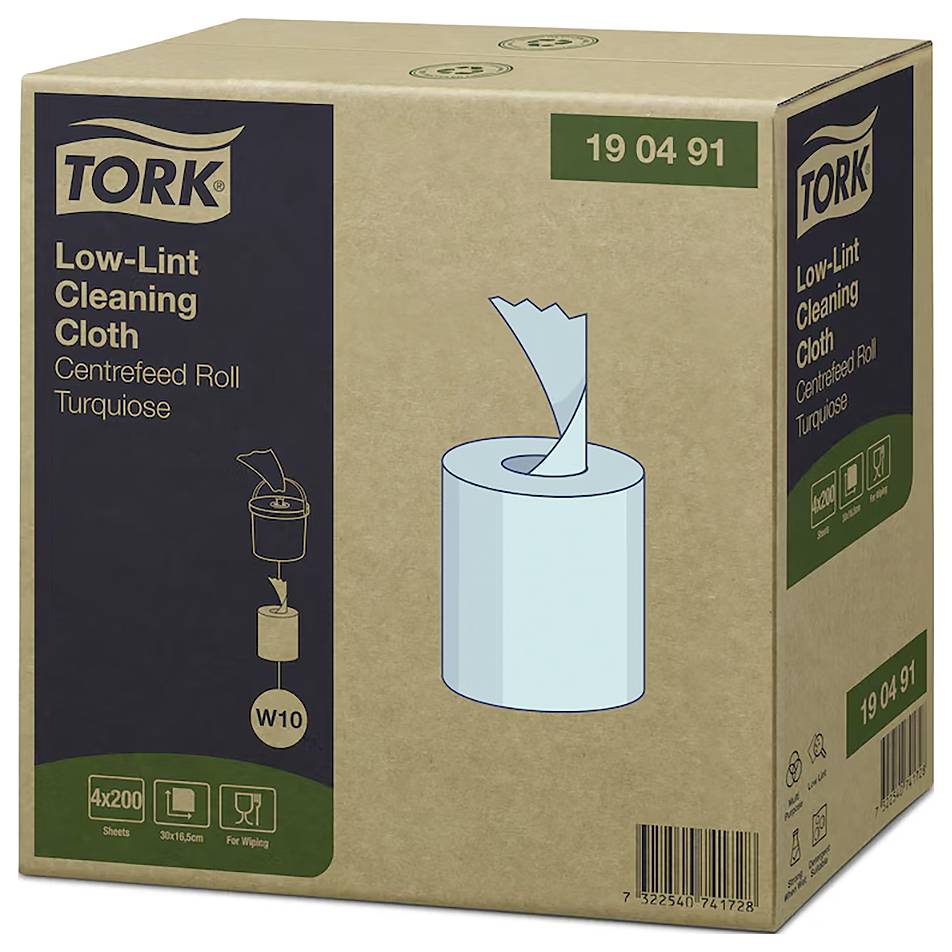 Brązowe pudełko z etykietą 'Tork Czyściwo o Niskim Poziomie Pylenia', prezentujące turkusowy rolka z wyciąganą serwetkę. Kod produktu: 19 04 91.