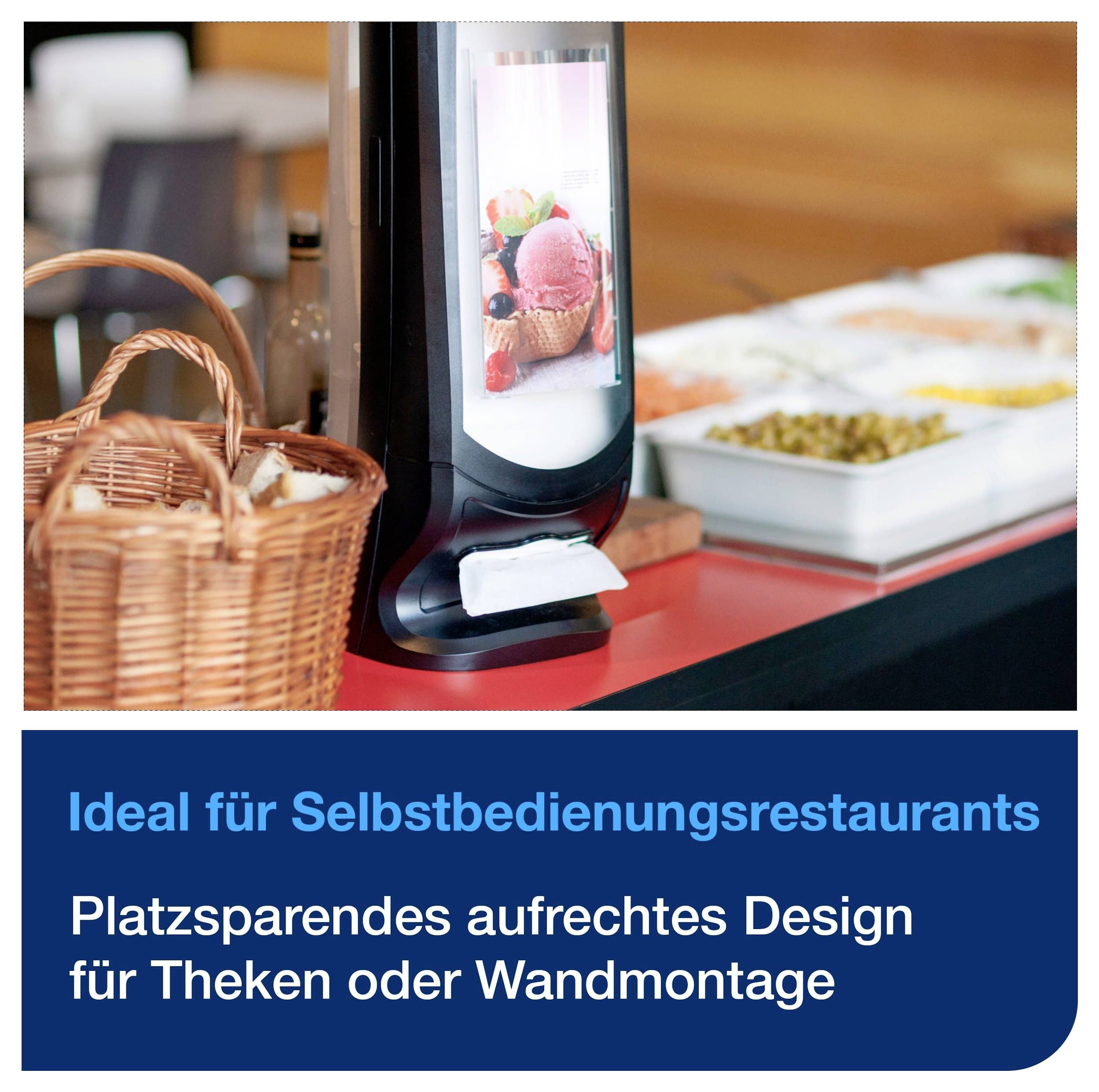 Stojąca samoobsługowa gablota wystawowa na ladzie; reklamowana hasłami „Idealna dla restauracji samoobsługowych" i „Oszczędzająca przestrzeń pionowa konstrukcja do montażu na ladzie lub ścianie".