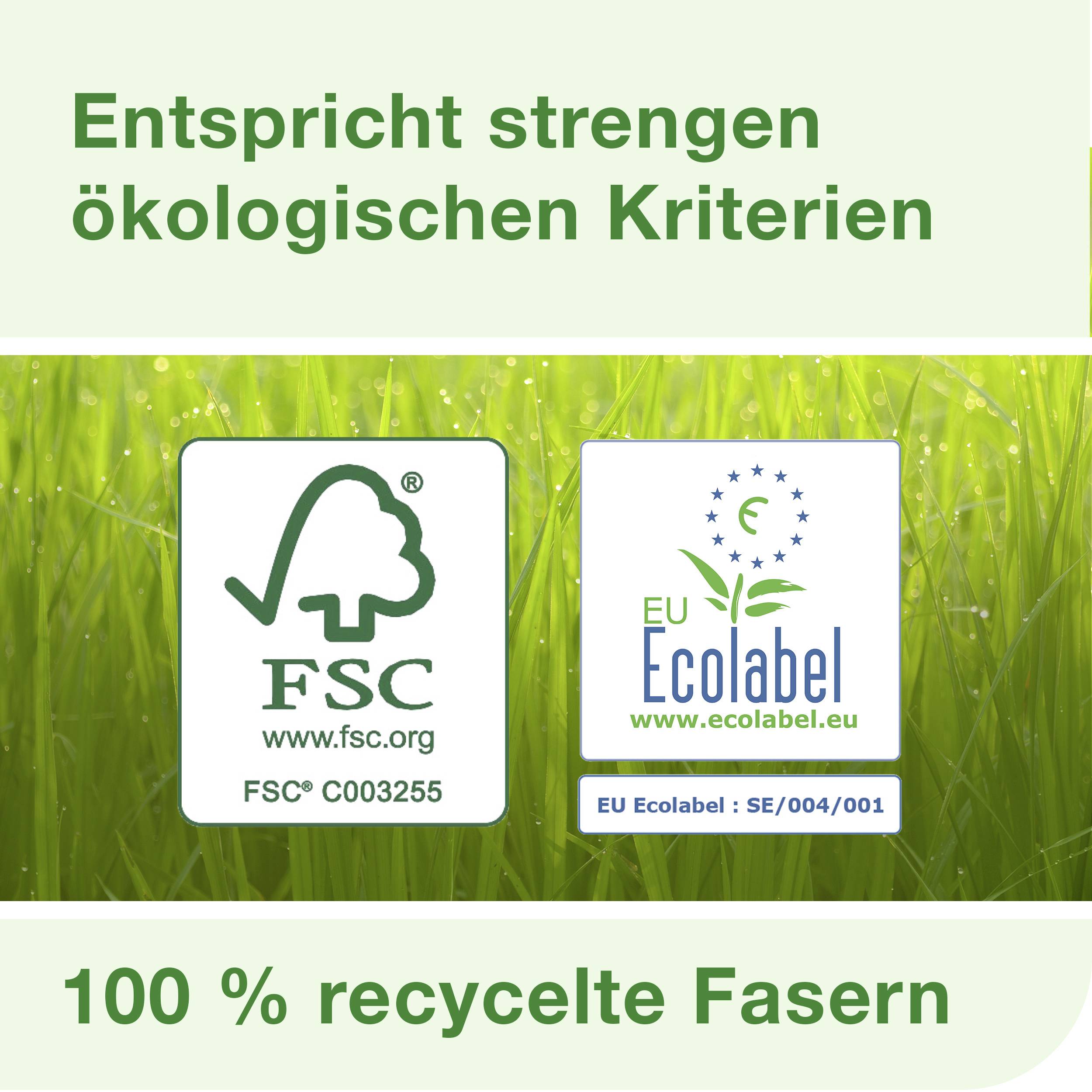 Spełnia surowe kryteria ekologiczne. 100% włókien z recyklingu. Logotypy FSC i EU Ecolabel na zielonym tle z trawą.