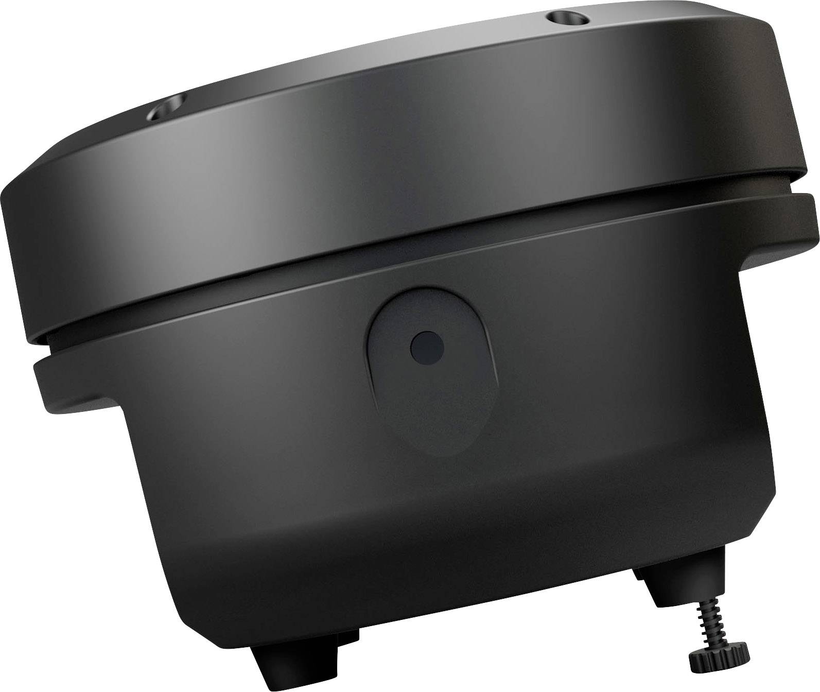 Czarne, okrągłe urządzenie z śrubą od spodu, prawdopodobnie uchwyt montażowy lub podstawa dla urządzenia technicznego.