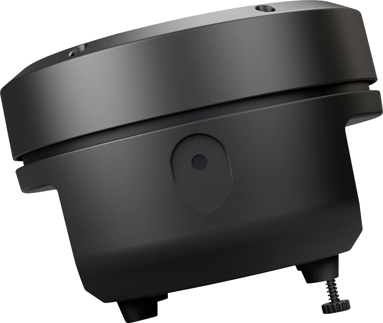 Czarne, okrągłe urządzenie z mechanizmem śrubowym od spodu, prawdopodobnie element systemu elektronicznego lub mechanicznego.