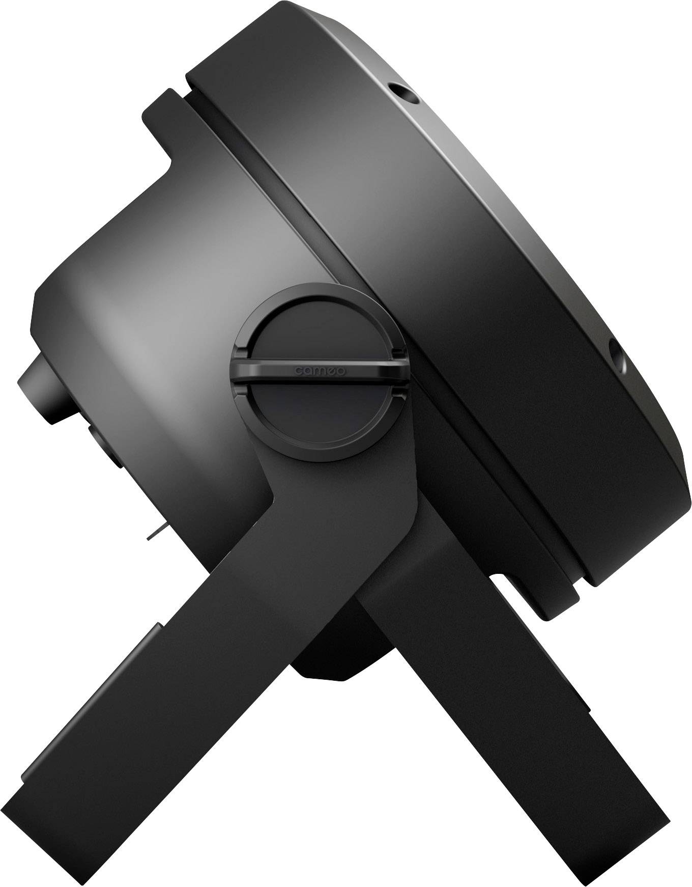 Czarny, okrągły głośnik ze stawianą podstawą, widziany z boku.