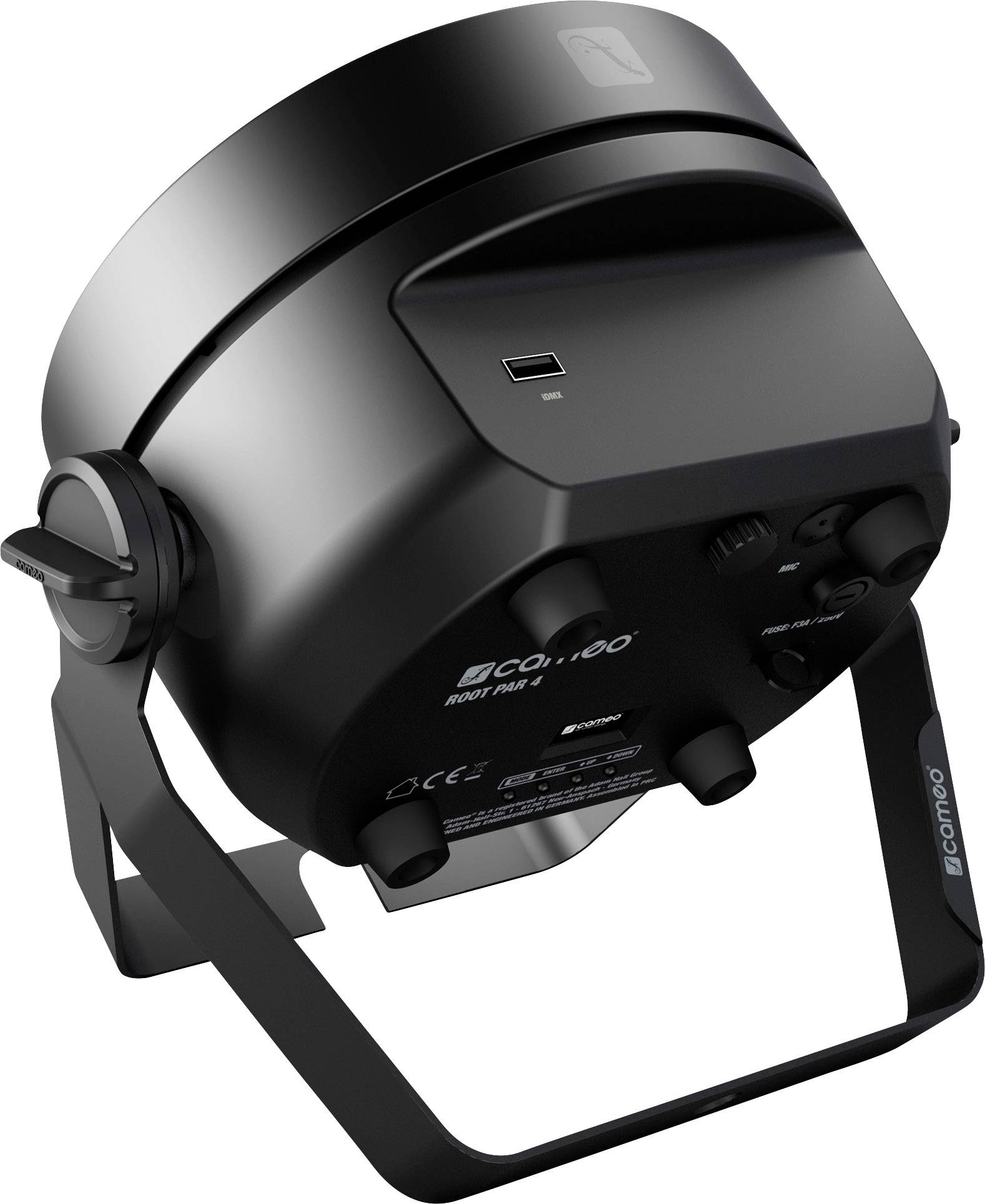 Czarny reflektor LED z regulowanym bez stopni stojakiem i wieloma elementami sterującymi z tyłu.